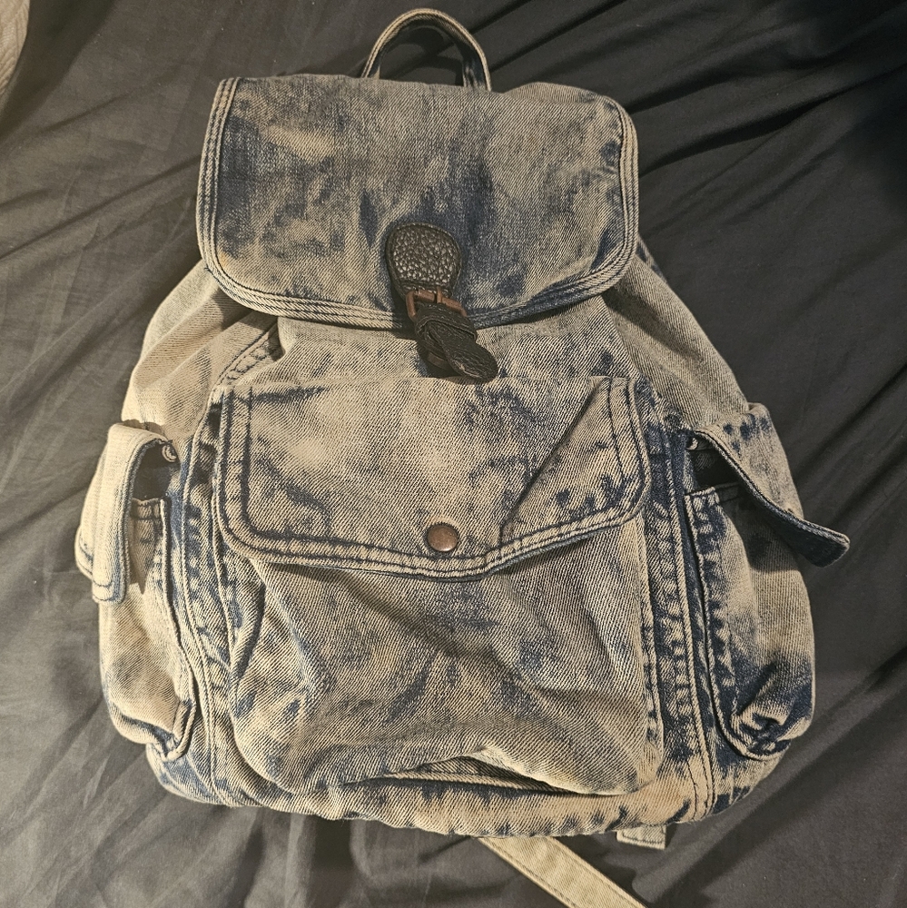Vintage Acid Wash Grunge White Blue Denim Cotton Large Drawstring Backpack Purse